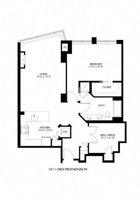 Floor plan for 1 bed, 1 bath, 1072 sqft
